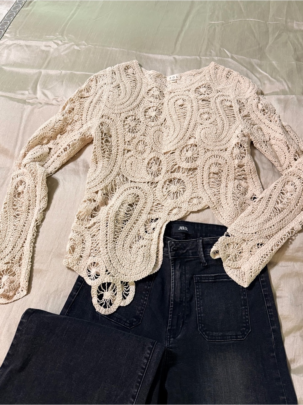 POL Cream Crochet Long-Sleeve Blouse
